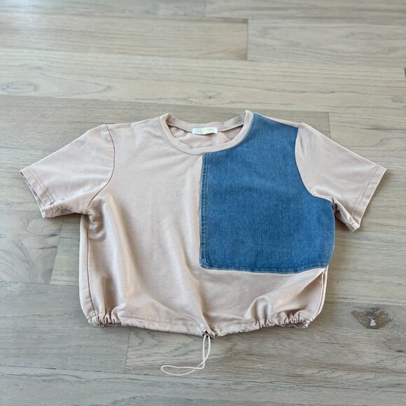 Beige Denim Crop Top with Pocket | Color Block Style | Size S - Picture 1 of 6